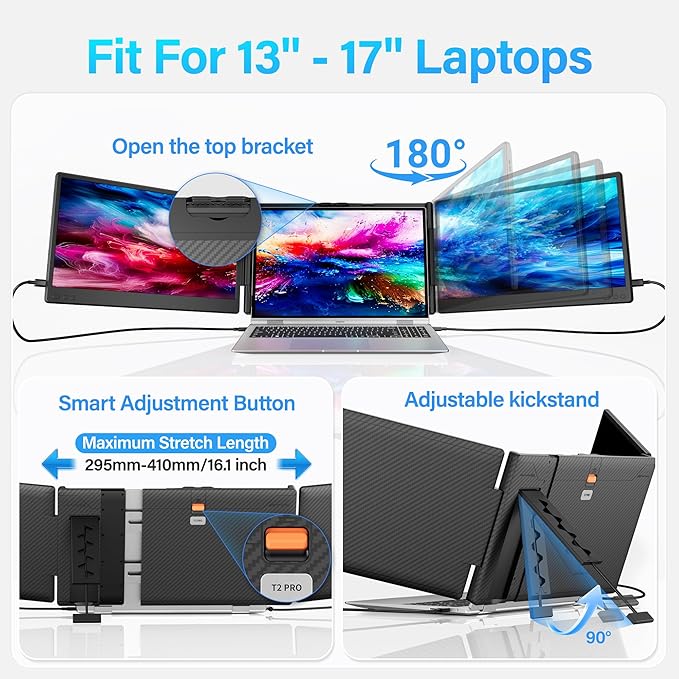 Laptop Screen Extender 14.2 FHD 1080P Triple Portable Monitor for Laptop with Smart Adjustment Button USB-C/HDMI Plug and Play Monitor Extender for Wins/Mac/Android/Switch Fit 13-17 Laptops