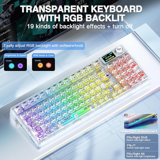 AULA F98 Pro Wireless Mechanical Keyboard with Transparent KeycapsHot-swappablePre-lubed Linear SwitchesGasket StructureRGB BacklitOLED ScreenBT5.0/2.4G/USB-C Wired Computer Keyboard