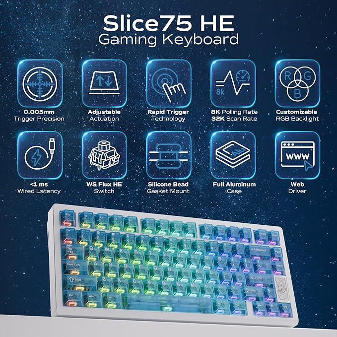 Mechanical Keyboard Chilkey Slice75 HE Gaming Keyboard Wired 75% Hall Effect Magnetic Aluminum Keyboard with WS Flux HE Clacky Switch Rapid Trigger 8K Polling Per-Key RGB Custom PC/Mac Support