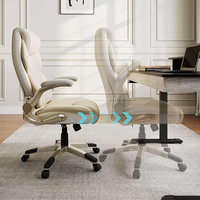 EUREKA ERGONOMIC Galene Executive Office Chair Flip Up Arm Rest Ergonomic Desk Chair Faux Leather Computer Chair High Back Office Chair with Headrest Home Office Desk Chairs with Wheels Beige