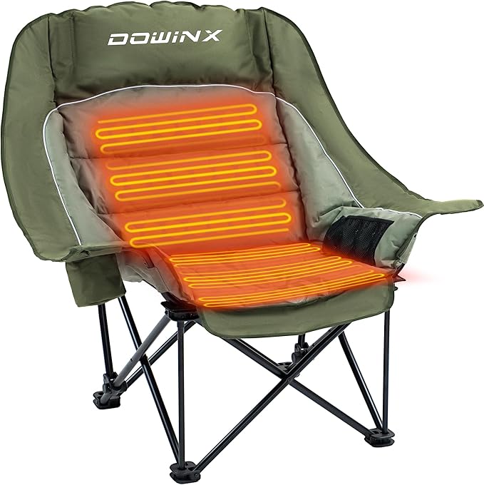 Dowinx Heated Camping Chair for Adults - Oversized Extra Large Folding Chair with Adjustable Padded Seat Cup Holder 400 lbs Capacity Green