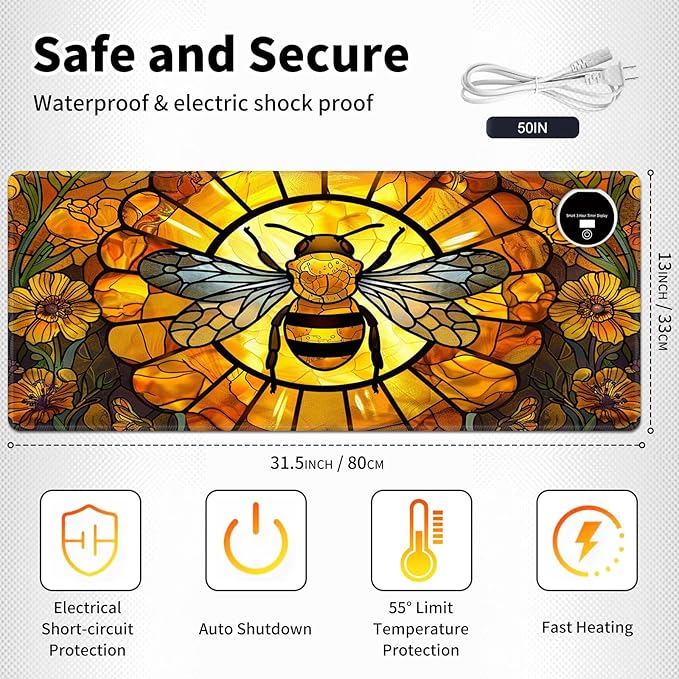 Warm Desk PadHeated Desk Pad Mouse Mat Gamingwith 3 Heating Levels &amp 3 Hours Auto Shut-OffLeather 31.5 x 13 Foot Warmer Keyboard Office MatCute Bee Floral
