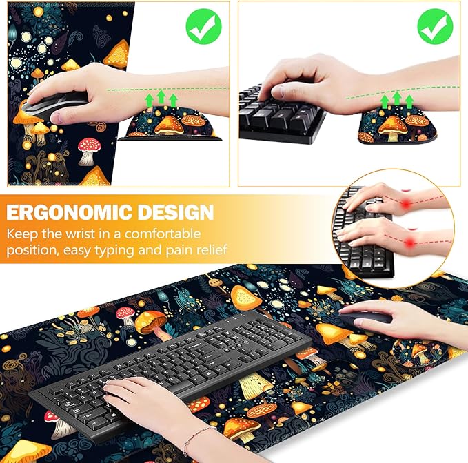 ARTSO Large Gaming Mouse Pad Keyboard Wrist Rest Pad &amp Wrist Support Mousepad Set Stitched Edge Extended Non-Slip Base Memory Foam Desk Mat for Office Home Cute Mushrooms