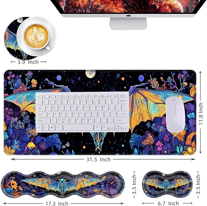 Mouse PadLarge Desk Mat Set 4in1 XL Mousepad + Keyboard Wrist Rest+Mouse Wrist Rest+Coaster with Ergonomic Desk Pad for Home Office Table Computer Cover -Neon Skeleton Bat