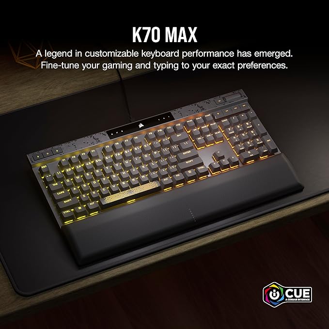 CORSAIR K70 MAX RGB Magnetic Mechanical Wired Gaming Keyboard – MGX Adjustable Switches Simultaneous SOCD and Rapid Trigger PBT Double-Shot Keycaps Sound Dampening 8000Hz Polling QWERTY NA Black