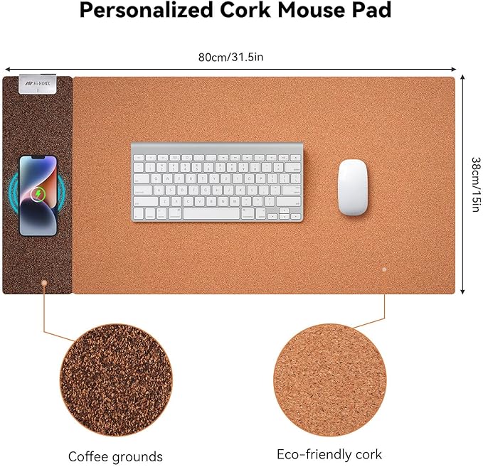 3-in-1 Eco Cork Wireless Charging Mouse Pad Dual-Sided Fast Charge Mouse Mat Extra Large Waterproof Office &amp Makeup Desk Protector Qi-Certified Desk Pad for iPhone/Samsung/AirPods