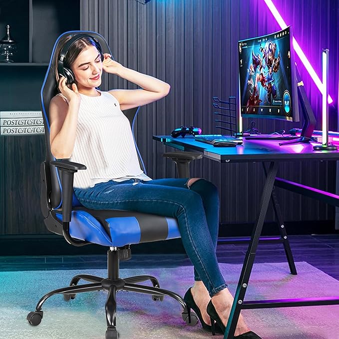 PayLessHere Gaming Chair Ergonomic Office Chair with Lumbar Support Headrest Armrests Rolling Swivel Functionality and Adjustable Features for PC Gamer (Blue)