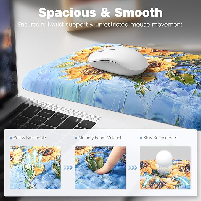 Ospelelf 3 in1 Ergonomic Wrist Rest Pad for Computer Keyboard and Mouse Large Mouse Pad Set with Support for Office Sunflower