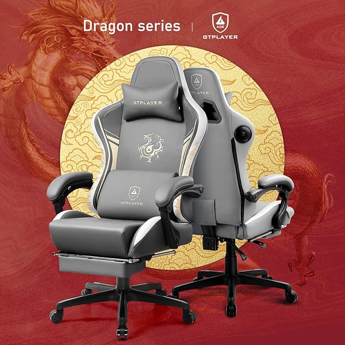 GTPLAYER Gaming Chair with Bluetooth Speakers and Footrest Dragon Series Video Game Chairs Heavy Duty Ergonomic Chairs Esports Gaming Computer Office Chair (Gray)