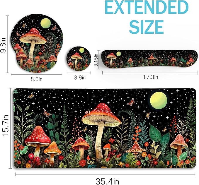 Blusabaca Mushroom Mouse Pad Funny Cute Desk Mat Large Gaming Mouse Pad with Wrist Rest Keyboard Pad Wrist Rest Ergonomic Cup Coaster Work Home Desk Accessories Office Supplies