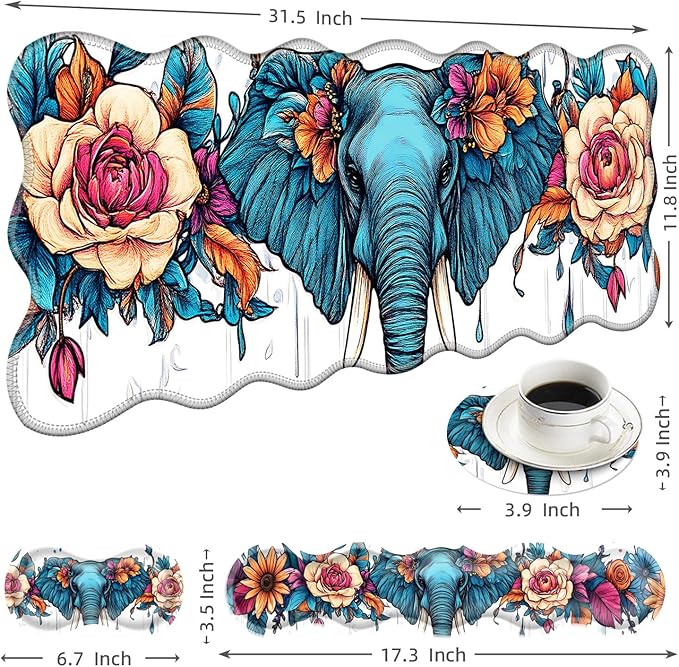 Large Mouse Pad and Keyboard Wrist Rest Desk Pad for Keyboard and Mouse 4-in-1 Large Gaming Mouse Pad with Wrist Support Desk Mat for Home Office Study Game-Floral Elephant