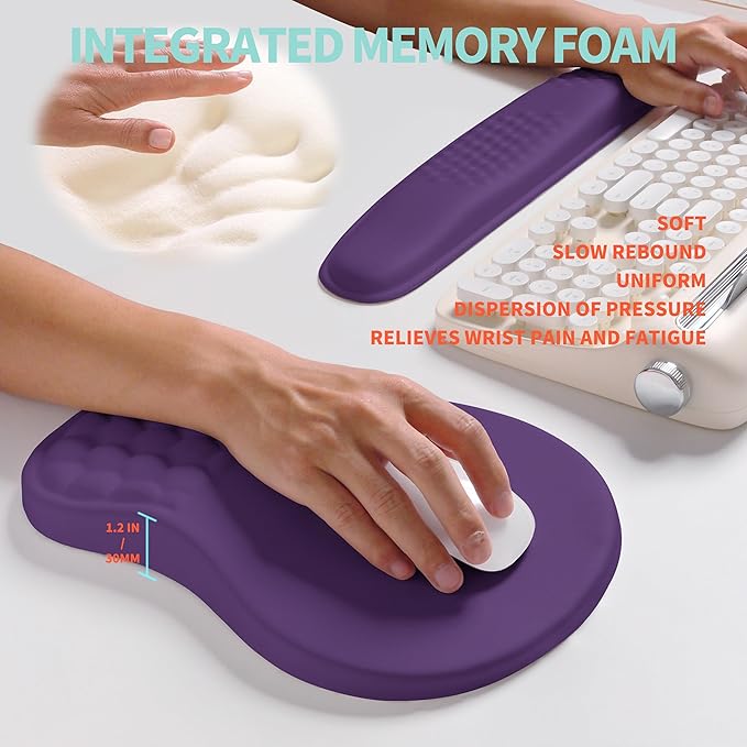 2-in-1 Ergonomic Set Wave Rise Keyboard Wrist Rest and Massage Bulge Slope Mouse Pad Wrist Support Cushion Memory Foam Integrated to Relieve Wrist Pain Dark Purple