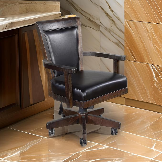 Benzara Flint Rolling Swivel Game Chair- Black Faux Leather- Dark Brown Wood