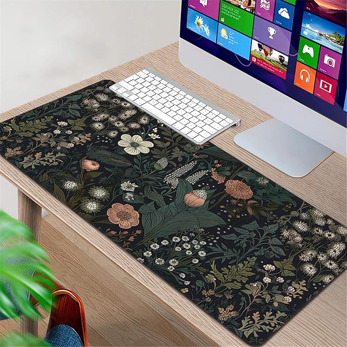 Dark Cottagecore Computer Mat Floral Desk Mat Botanical MousePads Vintage Wildflower Nature Desk Decor Garden Desk Pad Keyboard Laptop Mat Desktop Mat Gift for Plants Lover 35.4”x15.7”x0.12