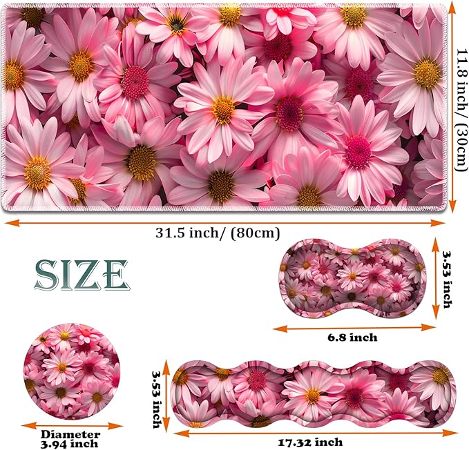 Large Gaming Mouse Pad + Keyboard Wrist Rest + Wrist Support + Coaster Set Memory Foam Ergonomic for Easy Typing XXL Extended Gaming Mouse Pad Table Pad - Pink Daisy