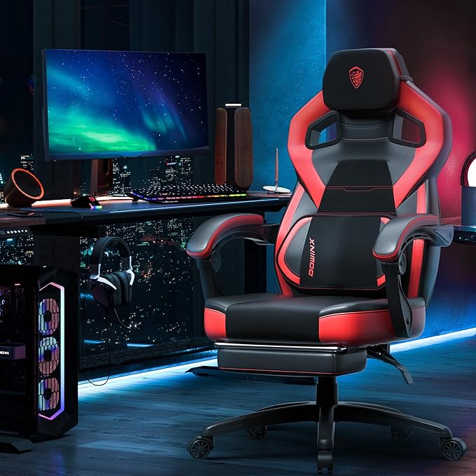 Dowinx Gaming Chair with Footrest Big and Tall Gaming Chair for Heavy People Gamer Chair for Adult with Massage Ergonomic Gaming Chair with headrest Computer Game Chair for 200lbs Red