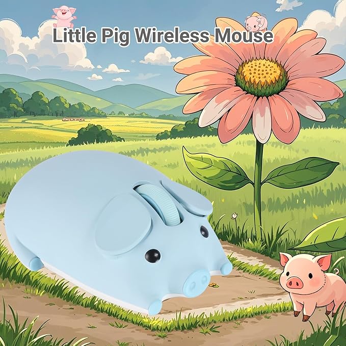 Cute Pig Design Wireless Mouse - Dual Mode Bluetooth &amp USB Silent Operation Ergonomic Ideal for Laptops &amp PCs for Animal Lovers and Family (Blue)