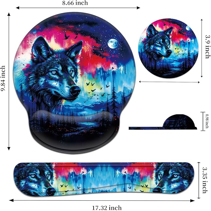 Keyboard Wrist Rest and Mouse Pad Wrist Support Set with CoasterComfortable for Easy TypingPain ReliefMemory Foam Keyboard Pad Set for Laptop MacForest Wolf
