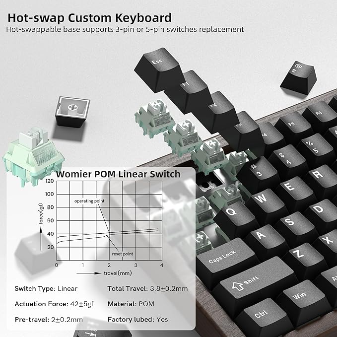 Womier 75% Mechanical Keyboard Wireless with Wood Natural WD75 V2 QMK/VIA Gaming Creamy Keyboard 8000mAh Battery Tri-Mode Key Board RGB Hot Swappable with PBT Keycaps-POM Linear SwitchBlack