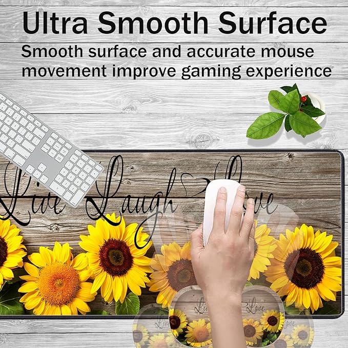 Large Game Mouse Pad + Wrist Support Pad + Coffee Coaster Sunflower Quote Live Love Laugh Foldable Table Mat with Stitched Edge Non-Slip Set Pad Suitable for Office Work and Home