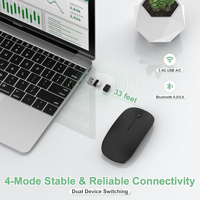 Wireless Mouse for Laptop/MacBook Air/Pro &amp iPad Mouse Jiggler Mode Bluetooth 5.2/2.4G Rechargeable Silent Click 3-Level DPI Slim Portable USB-A&ampC Receiver (Mouse Jiggler Mode Black)