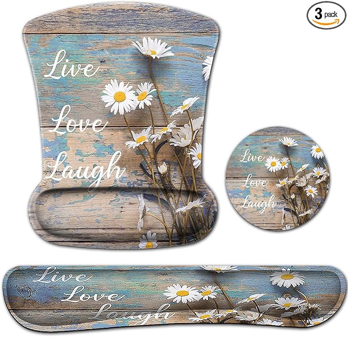 Mouse Pad for Women Keyboard Wrist Rest Relieves FatigueWhite Daisy Flowers on Wooden Ergonomic Gel Mouse Pad Non-Slip and Durable Memory Foam Keyboard Wrist Rest Suitable for Office Typing