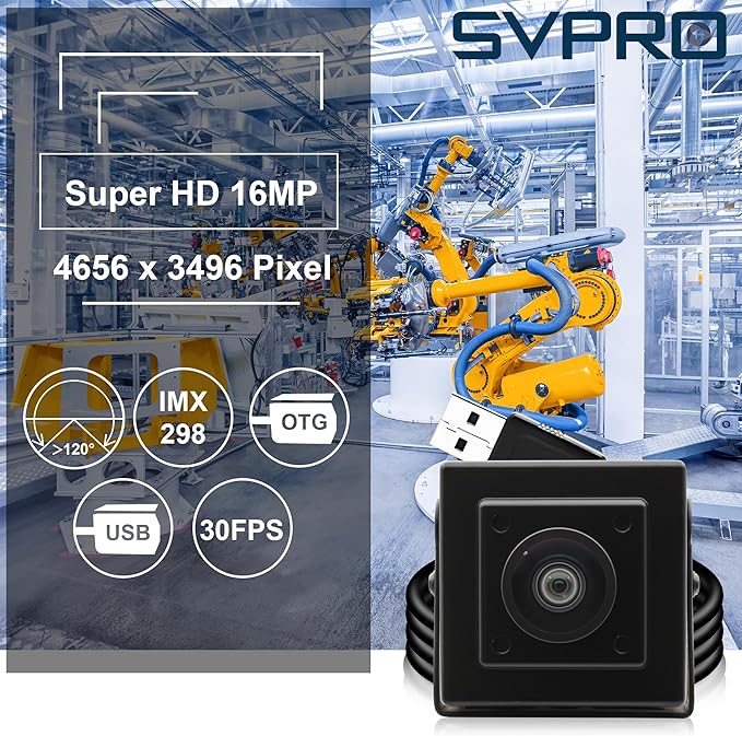 SVPRO 16MP USB Camer 120° Wide Angle Distortion-Free Webcam for Computer Laptop Embedded Video Camera with IMX298 Sensor for Machine Vision USB2.0 Industrial Camera for 3D Printer