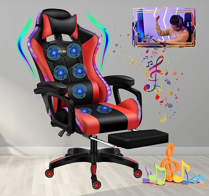 TBQATNTS 7-Point Massage Gaming Chair with RGB Lighting and SpeakersErgonomic Gaming Chair with footrest and Headrest and Lumbar Pillow Video Game ChairsAdults High Back Gaming ChairRed