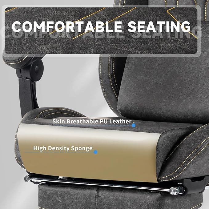 Premium Grey Gaming Chair - Ergonomic Video Game Chair with Massage Lumbar Support &amp Adjustable Footrest PU Leather Racing Seat for Adults