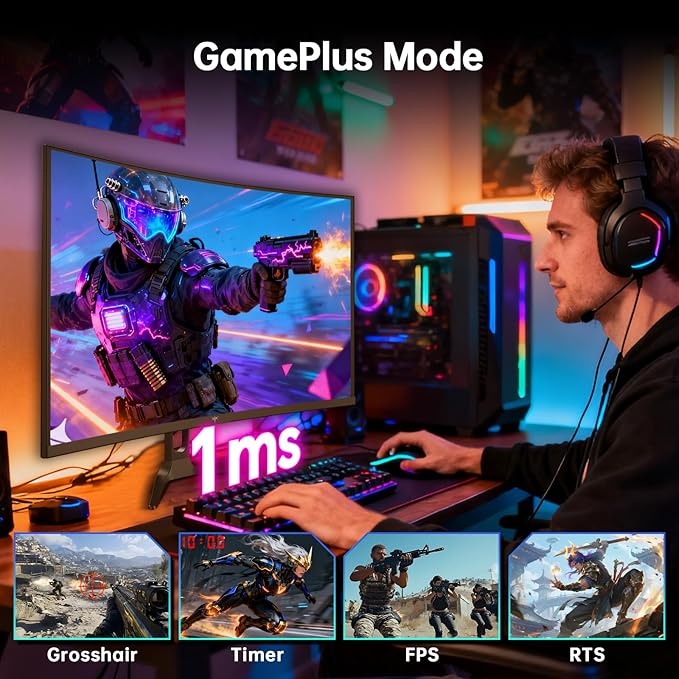 KTC 32 Inch Curved Gaming Monitor 2K 180Hz Computer Monitor Up to 185Hz QHD 1500R PC Monitor 1ms with Adaptive Sync DisplayPort/HDMI/USB VESA Wall Mount Tilt Adjustable H32S5