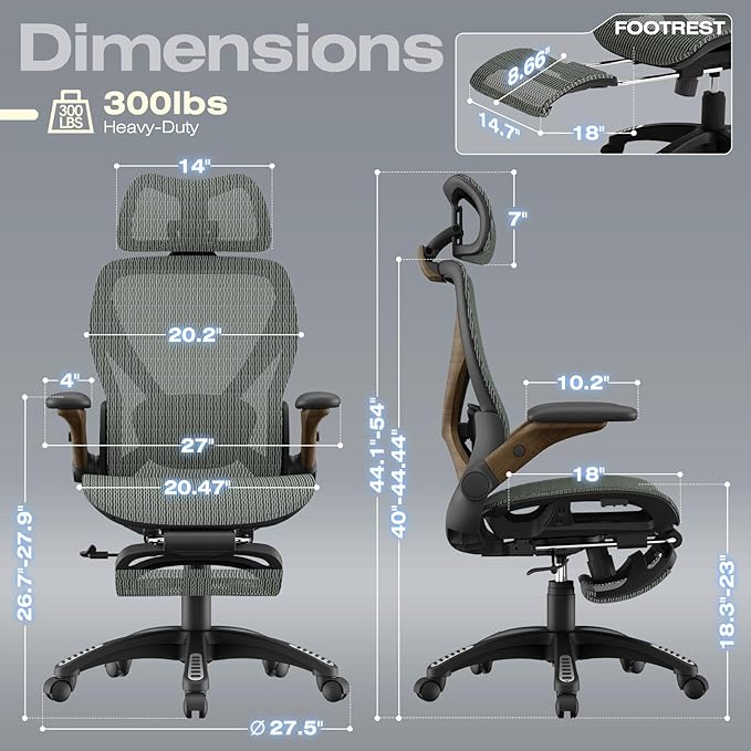 ELABEST X100 Ergonomic Mesh Office Chair with Footrest Big and Tall Hone Desk Chair with 5D Flip-Up Arms Adjustable 3D Lumbar SupportGaming &amp Executive Computer Chairs