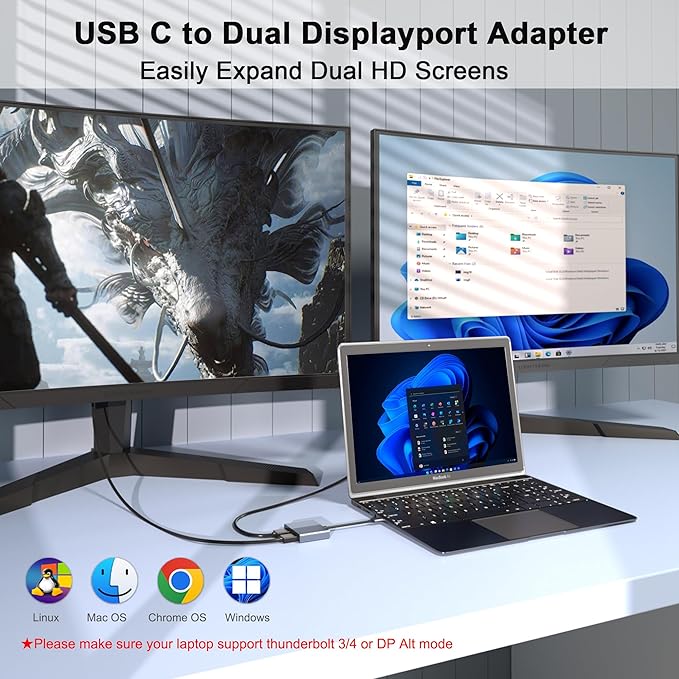 USB C to Dual DisplayPort Adapter 4K@60Hz Displayport Splitter Display Port to USB C Displayport MST Hub Display Port Splitter for Dual Monitors DisplayPorts Hub for Dell/Lenovo/HP etc