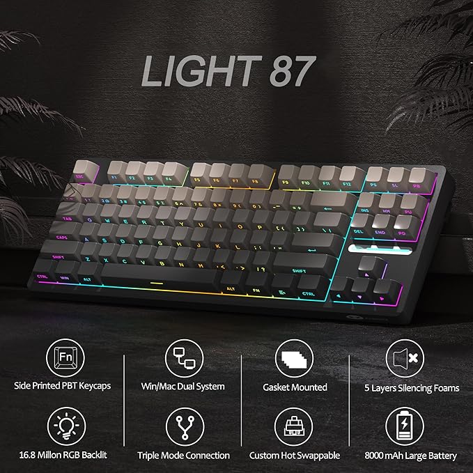 MageGee LIGHT87 Wireless Creamy Keyboard Gasket Structure RGB Backlit 2.4G/USB-C/BT5.0 Hot Swappable Mechanical Gaming Keyboard for Win/Mac/PC 8000mAh Battery Side Printed PBT Keycaps Black
