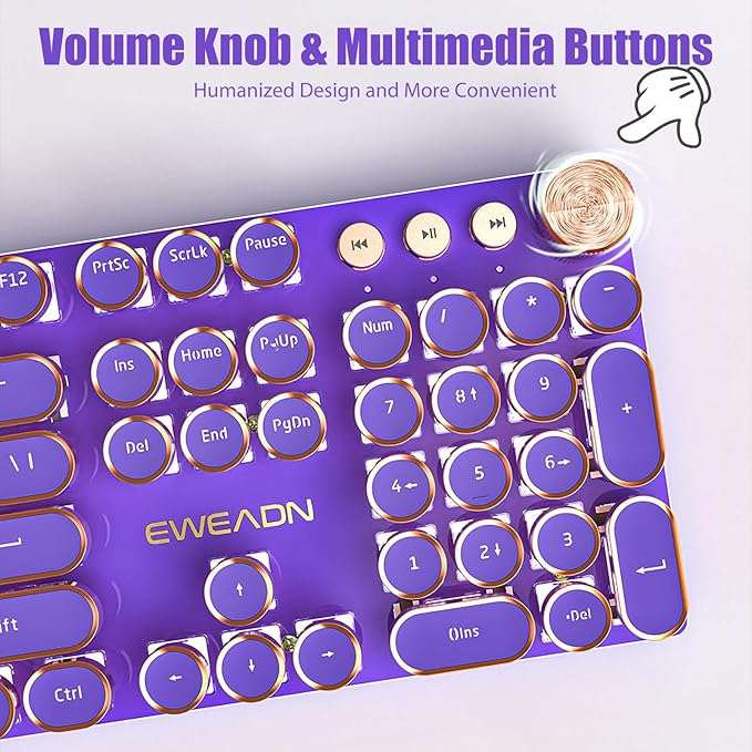 Typewriter Style Mechanical Gaming Keyboard White LED Backlit 104-Key NKRO Pink Switches Retro Round Keycaps Golden Ring Volume Knob Metal Panel Wired USB-C Detachable Cable Purple