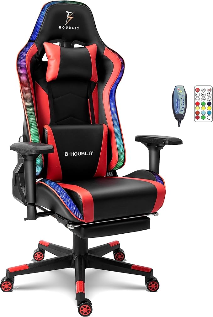 Gaming Chair with SpeakersLED Light Gaming Chair with Massage Lumbar SupportErgonomic Pro Computer Gaming ChairsAdult Gaming Chair with Footrest Lumbar Support and Adjustable Backrest.Red
