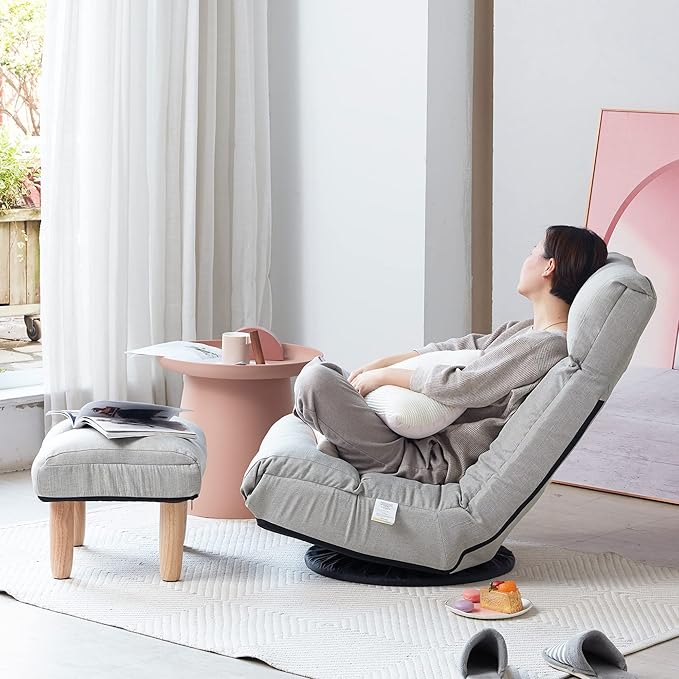 Floor Chair Swivel Chaise Lounge SofaFloor Gaming Chair with 3 Adjustable Positions Foldable Lounge Chair Indoor with Cushion Padded Backrest and Footstool for Bedroom OfficeLight Grey