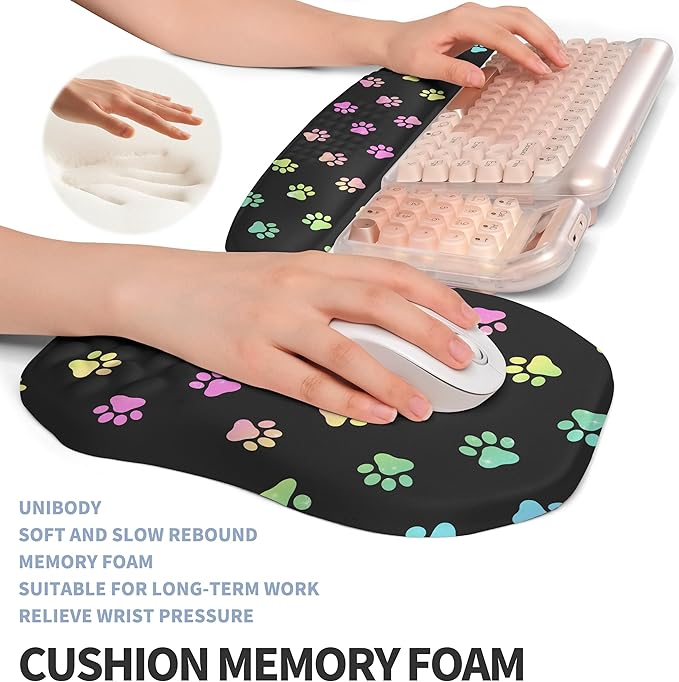 2-in-1 Ergonomic Set Wave Keyboard Wrist Rest and Massage Slope Mouse Pad Wrist Support Rebound Memory Foam for Relieve Carpal Tunnel Syndrome and Wrist Pain (Cute Cat Claws)