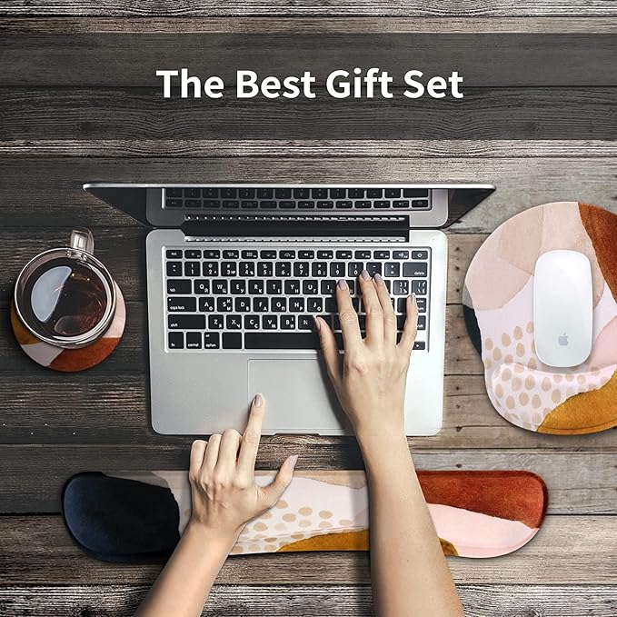 iCasso Desk Mat Gaming Mouse Pad Wrist Support Set4in1 XXL Large Mousepad + Keyboard Wrist Rest+Mouse Wrist Rest+Coaster Set with Ergonomic Design for Home Office Table Computer-Color Block