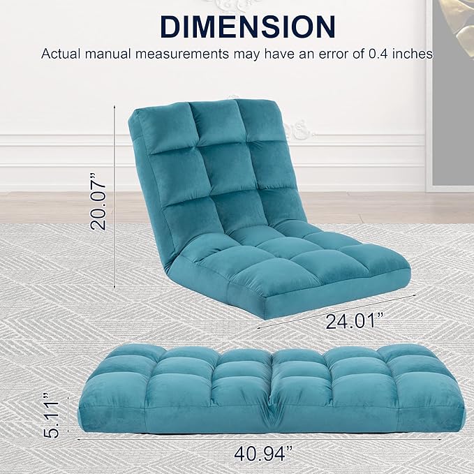 Floor Chair 24 inches Wide Oversized Velvet Armless Lay Flat Floor seat Padded Meditation Chair with 6 Adjustable Position Ergonomic Comfortable Convenient(LRSF-010-BLUE)