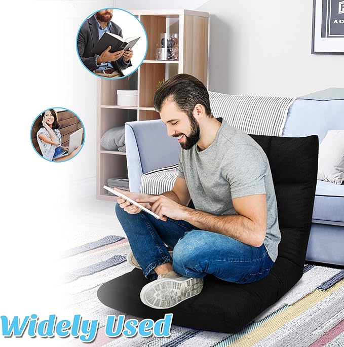 Giantex Adjustable Floor Gaming Sofa Chair 14-Position Cushioned Folding Lazy Recliner High Resilience Sponge Breathable Cotton &amp Linen Fabric Sleeper Bed Couch Recliner with Removable Cover (Bla