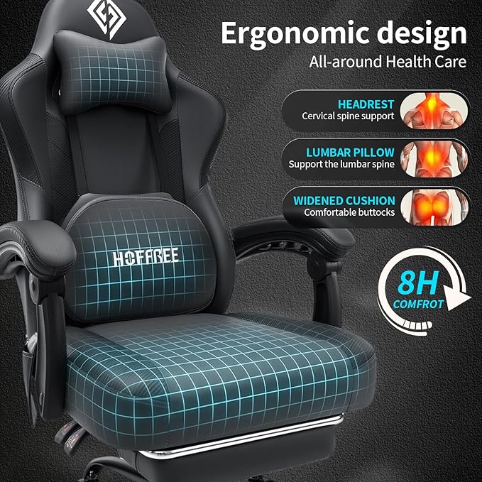 HOFFREE 3D Kneading Massage Gaming Chair with Heated Massage Lumbar Support Office Computer Chairs for Adults with Footrest Ergonomic Comfy Game Chair for Gaming Office 400lbs Grey