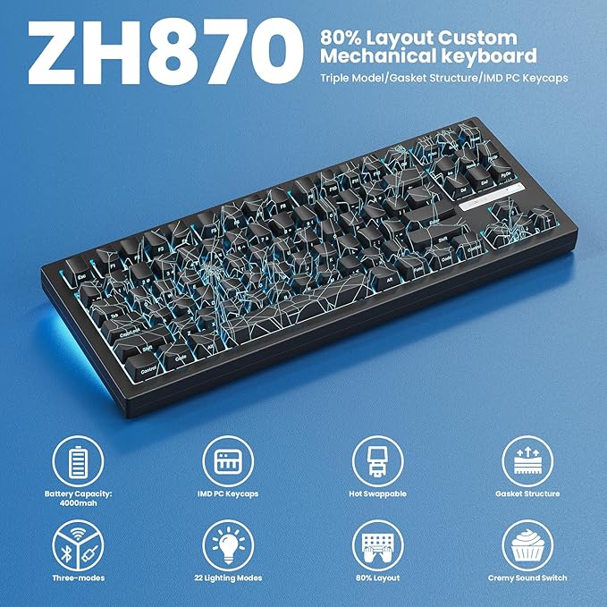 ZORNHER ZH870 Wireless Gaming Mechanical Keyboard80% Black Custom Creamy Sound Keyboard with Spider Web IMD PC KeycapsCreamy Sounding Linear SwitchesHot-SwappableRGB Backlit2.4GHz/USB-C/BT5.0