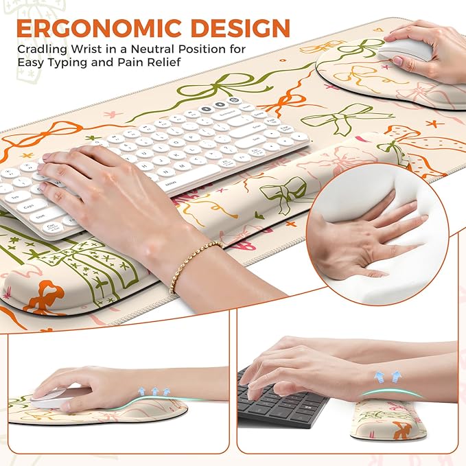 iCasso Desk Mat Large Mouse Pad Wrist Support Set XXL Large Mousepad + Keyboard Wrist Rest+Mouse Wrist Rest+Coastert with Ergonomic Design for Home Office Computer