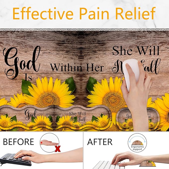 Large Mouse Pad Set Desktop Mouse Pad + Keyboard Wrist Pad + Mouse Wrist Pad + Coaster Ergonomic Memory Foam Multi-functional Desk Mat - Psalm 46:5 Sunflower