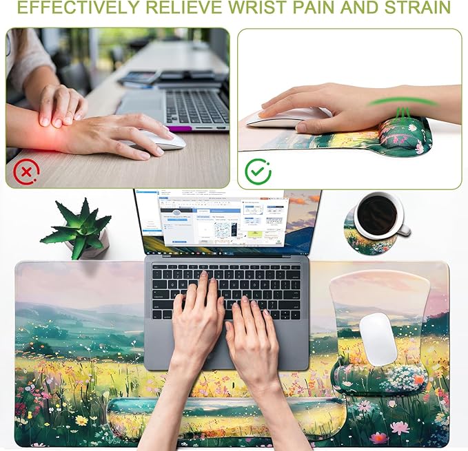 MEGREZ 4-in-1 Ergonomic Memory Foam Wrist Rest Set Desk Pad Mouse Pad with Wrist Rest Keyboard Pad Suitable for Office Workers Programmers &amp Gamers–Relieve Typing &amp Gaming Fatigue The Wi