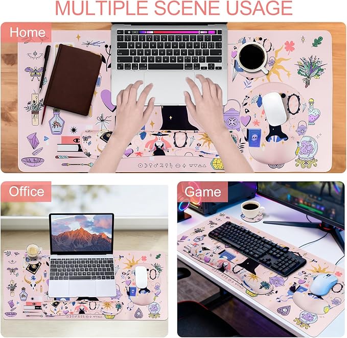 Petmolico Mouse Pad Set with Computer Keyboard Desk PadMouse Pad with Wrist RestTyping Wrist Pad and Cup CoastersErgonomic Design for Typing Pain Relief [PinkHalloween]