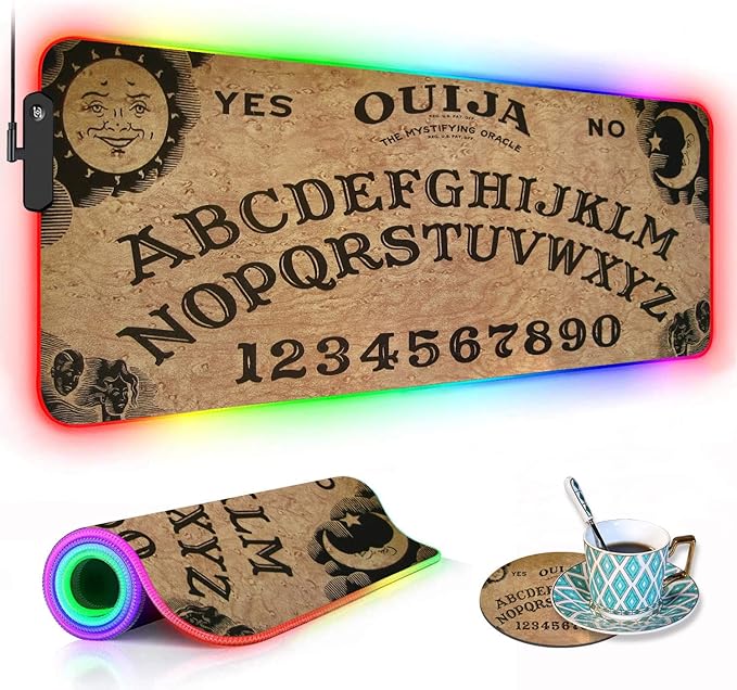 RGB Gaming Mouse Pad with Coffee Coaster XXL Large Glowing LED Mousepad Anti-Slip Rubber Base Computer Keyboard Desk Mouse Mat 31.5 X 11.8 Inch - Retro Ouija Board