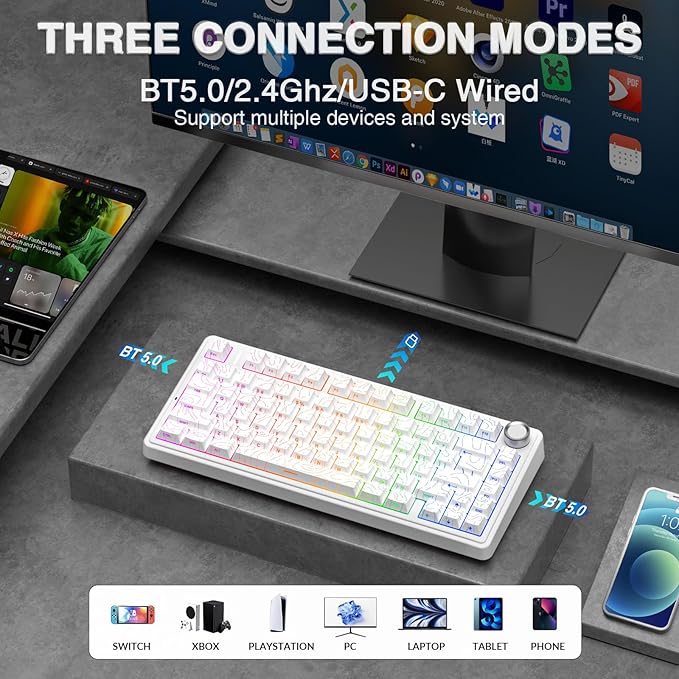 AULA F75 Pro Wireless Mechanical Keyboard with Knob75% Hot Swappable Custom Gaming KeyboardsRGB BacklitPre-lubed SwitchesSide Printed PBT Keycaps Creamy Sounding Computer Keyboard Line White