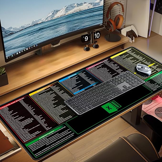 Excel Shortcuts Mouse PadExtended Large XXL（35.4x15.7x0.12in） Cheat SheetGaming MousepadGiant PC Office Excel Desk PadWaterproof Keyboard MatNon-Slip Rubber BaseStitched Edges