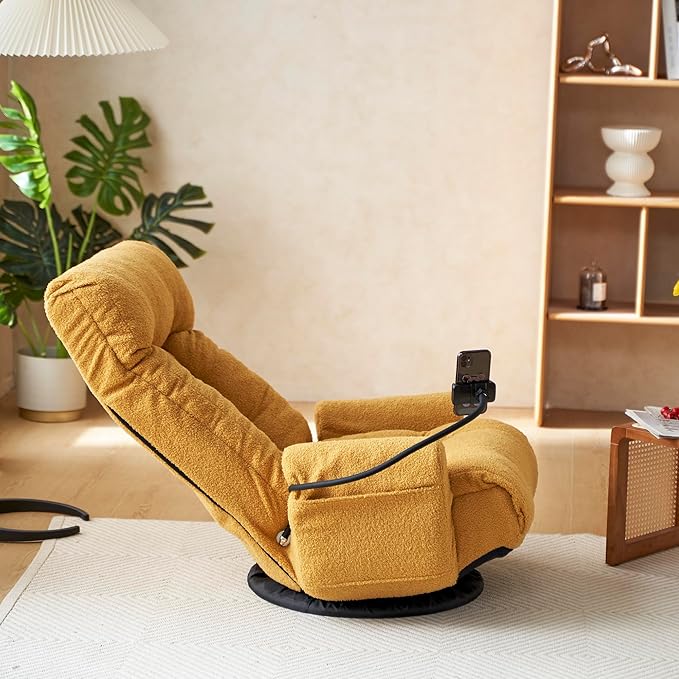 360° Swivel Floor Gaming Chair Yellow Teddy Folding Chaise Lounge Chair Adjustable Comfy Sofa Chair with Armrests Phone Holder &amp Padded Cushion Ideal for Living Room Bedroom
